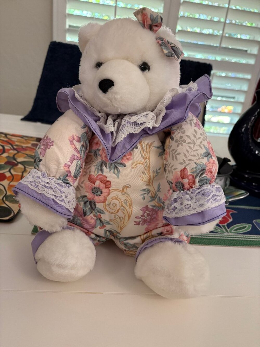 Vintage White Polar Bear with Pink Floral Body - Circus Circus Teddy Bear.